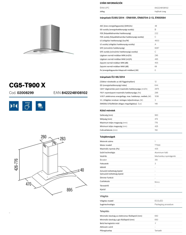 cata cg5 t600 kürtős páraelszívó 620 m3/h inox (másolat)