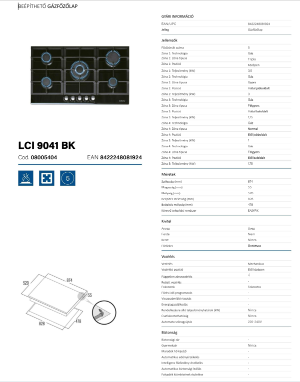 cata lci 9041bk beépíthető 5 zónás gázfőzőlap fekete üvegkerámia